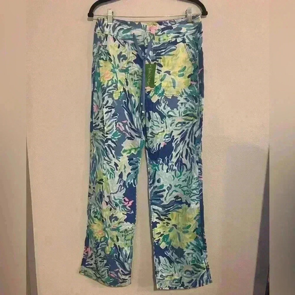 LILLY PULITZER $128 Linen Galley Pant Brilliant Blue Wade and Sea size 2 NWT - Picture 2 of 15